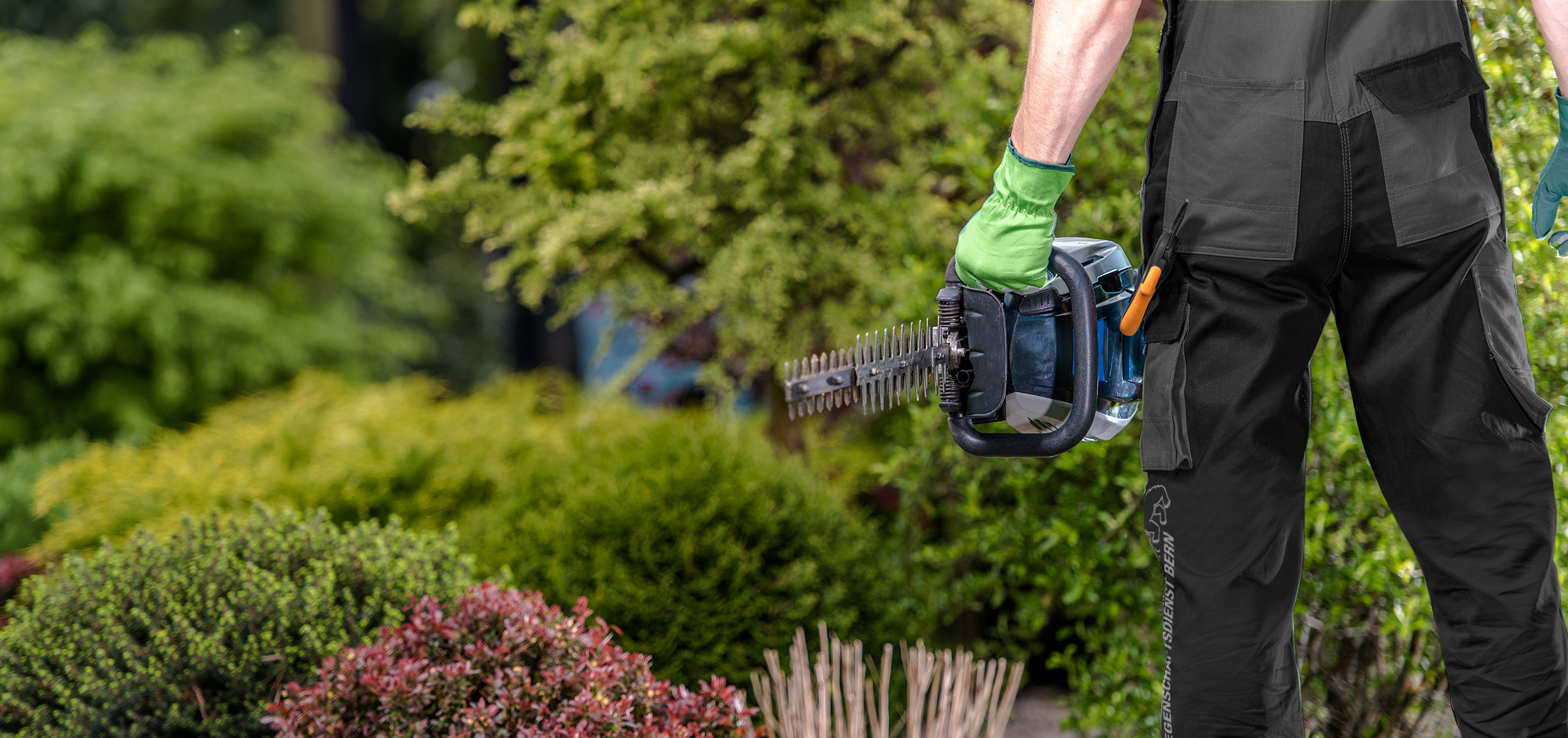 Caucasian Gardener with Powerful Gasoline Shrub Trimmer in a Hand. Gardening Work